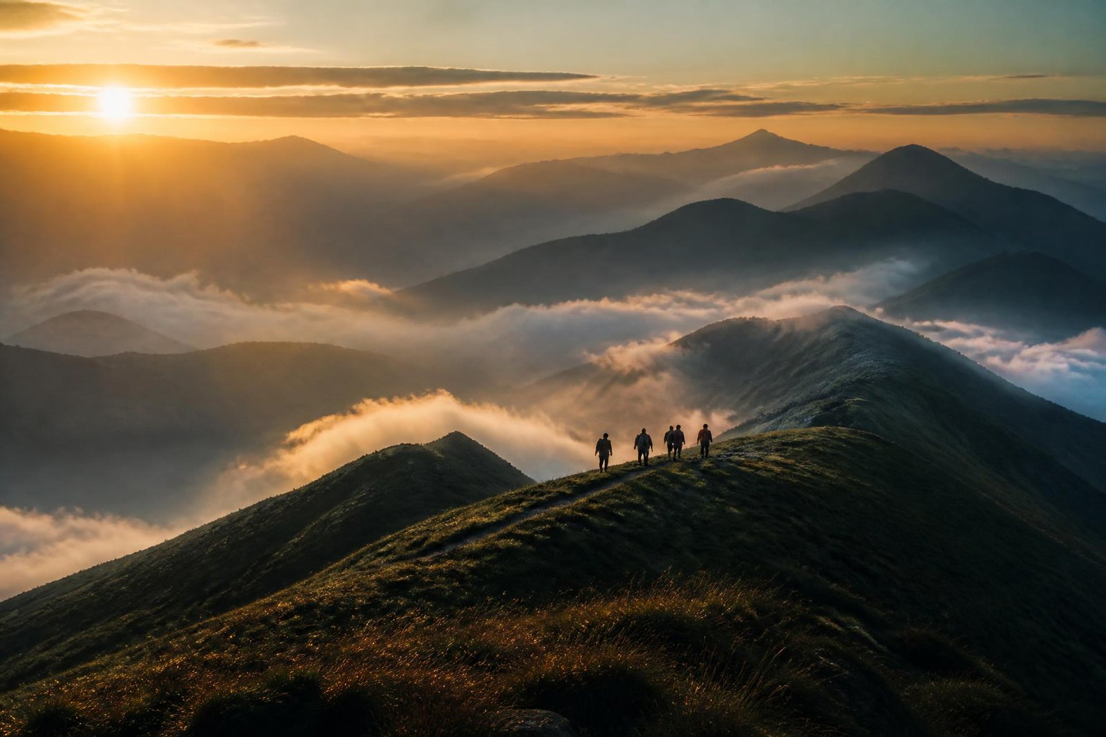 Backpackers walking a misty Kerala ridge at sunrise
