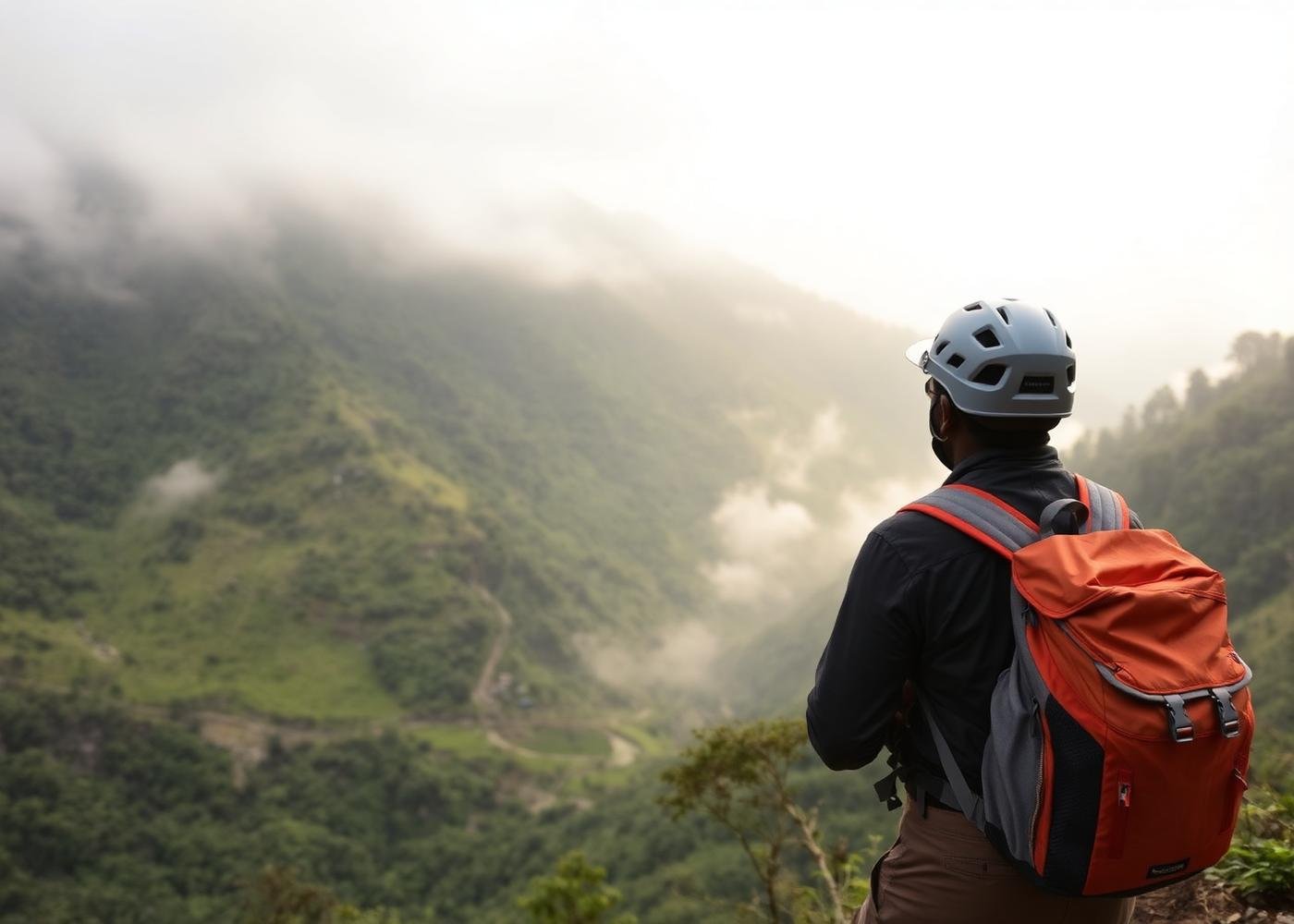 Trekker with safety gear overlooking Kerala valley